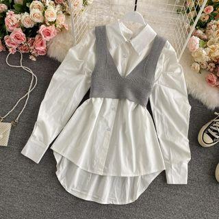 Set: Cropped Knit Vest + Puff-sleeve Dip-back Shirt