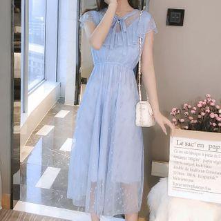 Cap-sleeve Lace Tie-neck A-line Midi Dress