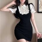Short-sleeve Collar Ruffle Mini Sheath Dress