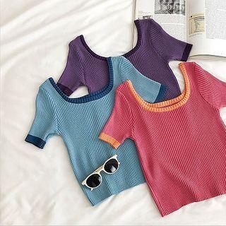 Color-block Trim U-neck Short-sleeve Knit Top