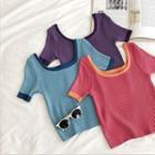 Color-block Trim U-neck Short-sleeve Knit Top