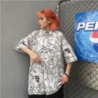 Cat Print Elbow-sleeve Shirt As Shown In Figure - One Size