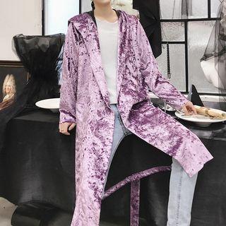 Open-front Hooded Tie-waist Long Coat