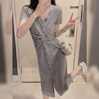 Short-sleeve V-neck Twist-front Midi Sheath Dress