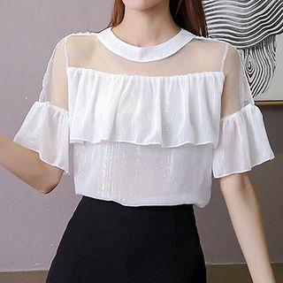 Mesh Panel Flounced Short-sleeve Chiffon Top