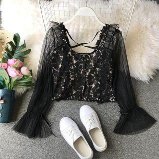 Long-sleeve Mesh Paneled Cropped Lace Top