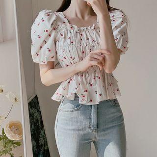 Bubble Sleeve Rose Print Smocked Top White - One Size