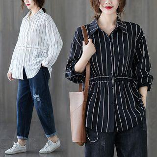 Long-sleeve Striped Drawstring-waist Shirt