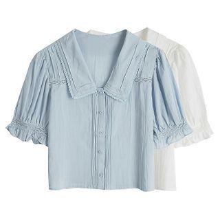 Short Sleeve Lace Trim Plain Blouse