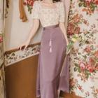 Set: Short-sleeve Lace Blouse + Midi A-line Skirt