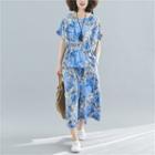 Set : Print Round-neck Short-sleeve T Shirt + Capri Wide-leg Pants