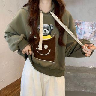 Bear Print Knit Panel Hoodie