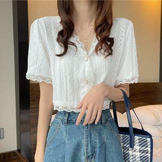 Short Sleeve Lace Trim Crop Blouse As Shown In Figure - One Size