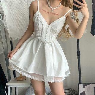 Spaghetti-strap V-neck Lace Trim Mini A-line Dress