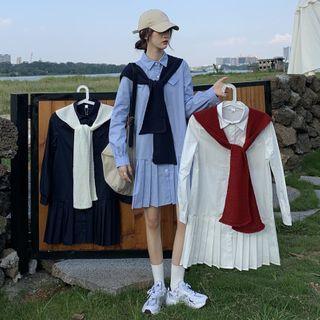 Long-sleeve Mini A-line Shirt Dress / Scarf