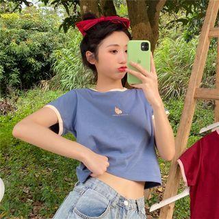 Short Sleeve Contrast Trim Cropped Print T-shirt