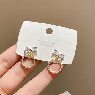 Bow Rhinestone Faux Pearl Hoop Earring 1 Pair - E4842 - Gold & White - One Size