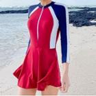 Long-sleeve Half-zip Color Block Swim Dress
