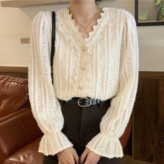 V-neck Eyelet Lace Blouse Almond - One Size