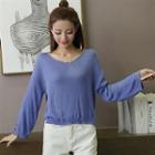 Long-sleeve Distressed Knit Top Purple - One Size
