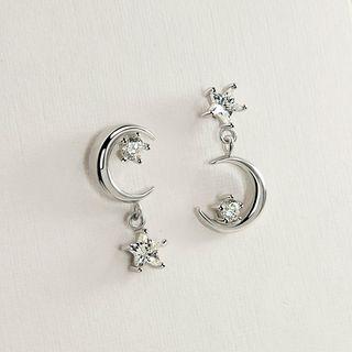 Non-matching 925 Sterling Silver Rhinestone Moon & Star Dangle Earring
