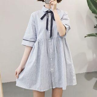 Bow Accent Striped Elbow Sleeve Shirtdress