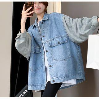 Lettering Paneled Denim Jacket Blue - One Size