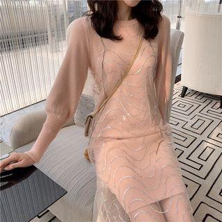 Spaghetti-strap Pattern Printed Dress / Long-sleeve Plain Knit Dress