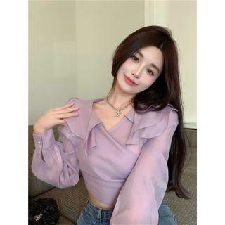 Puff-sleeve Ruffled Blouse Purple - One Size
