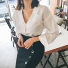 Plunge-neck Plain Cotton Shirt