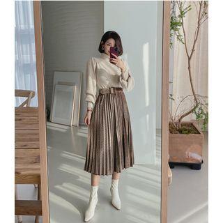 Set: Puff-sleeve Knit Top + Belted Long Corduroy Skirt Beige - One Size