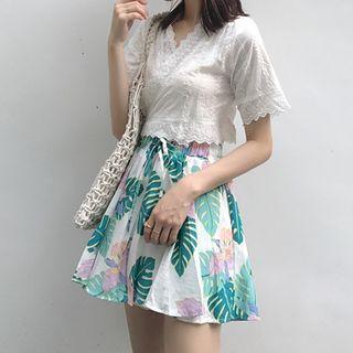 Embroidered Short-sleeve Wrap Top / Print Culottes