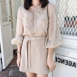Set: Star Embroidered Chiffon Blouse + Camisole + Mini A-line Skirt