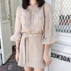 Set: Star Embroidered Chiffon Blouse + Camisole + Mini A-line Skirt