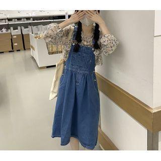 Lantern-sleeve Floral Blouse / Denim Jumper Dress