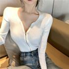 Plain V-neck Long-sleeve Slim-fit Zip Knit Top