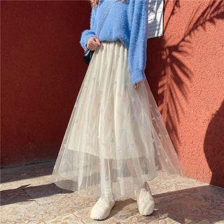 Sequined Midi A-line Mesh Skirt Almond - One Size