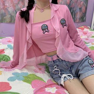 Set: Bow Embroidered Cropped Halter Top + Light Jacket Set Of 2 - Halter Top & Light Jacket - Bow Embroidery - Pink - One Size