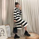 Striped Fleece-lined Midi Sweatshirt Dress Black - One Size