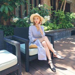 Stripe Long Surplice-wrap Dress