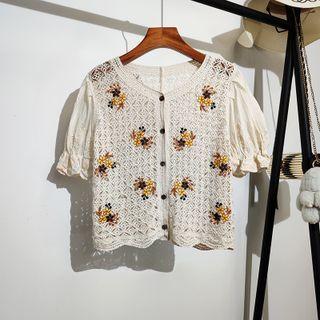 Short-sleeve Flower Embroidered Crochet Knit Blouse