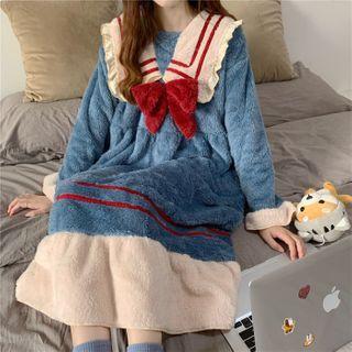Collared Ribbon Fleece Sleep Pullover / Lounge Pants / Sleep Dress