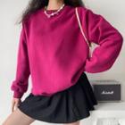 Round-neck Loose-fit Fleece-lined Sweatshirt Rose Pink - One Size