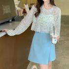 Floral Ruffle Puff-sleeve Top / High-waist A-line Mini Skirt