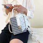 Faux Pearl Strap Houndstooth Crossbody Bag