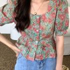 Floral Print Puff-sleeve Peplum Blouse Green - One Size