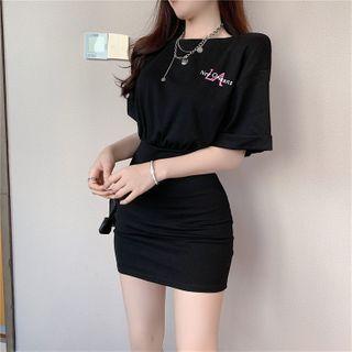 Lettering Print Cutout-back Mini Bodycon Dress