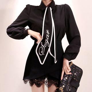 Set: Double-breasted Cropped Blazer + Lace Trim Mini A-line Skirt
