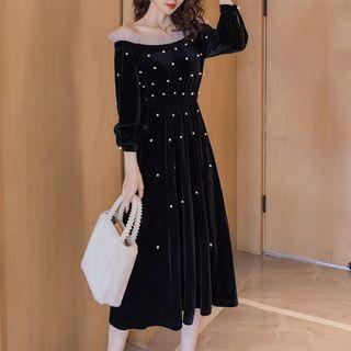 Faux Pearl Off-shoulder Midi A-line Dress