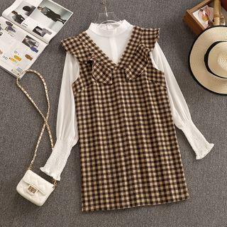 Set: Plaid Sleeveless Dress + Mock-neck Blouse